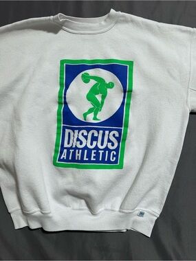 Discus Athletic White Crewneck Sweatshirt with Blue & Green Graphic
